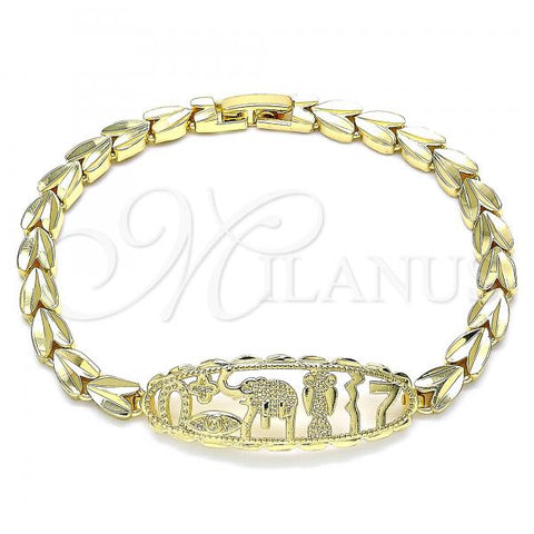 Oro Laminado Fancy Bracelet, Gold Filled Style Elephant and Owl Design, Diamond Cutting Finish, Golden Finish, 03.100.0070.07