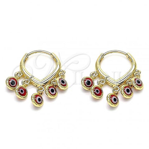 Oro Laminado Huggie Hoop, Gold Filled Style Evil Eye Design, Red Resin Finish, Golden Finish, 02.63.2714.15