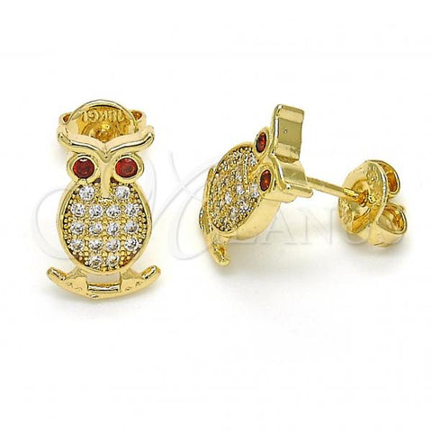 Oro Laminado Stud Earring, Gold Filled Style Owl Design, with Garnet Cubic Zirconia and White Micro Pave, Polished, Golden Finish, 02.156.0291