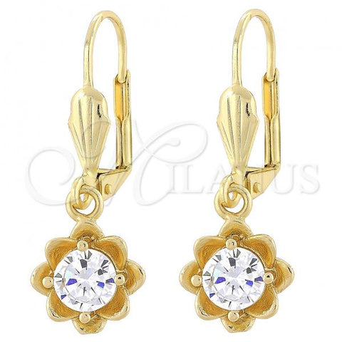 Oro Laminado Dangle Earring, Gold Filled Style Flower Design, with White Cubic Zirconia, Polished, Golden Finish, 02.63.2448