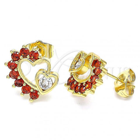 Oro Laminado Stud Earring, Gold Filled Style Heart Design, with Garnet and White Cubic Zirconia, Polished, Golden Finish, 02.210.0441.1