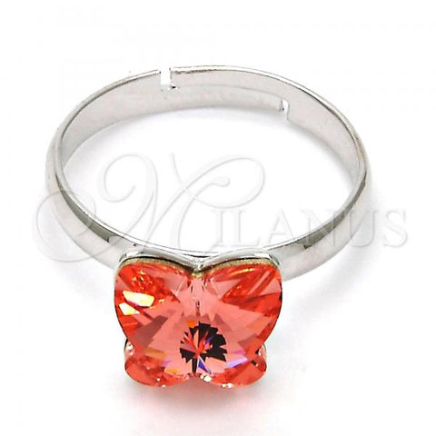 Rhodium Plated Multi Stone Ring, Butterfly Design, with Rose Peach Swarovski Crystals, Polished, Rhodium Finish, 01.239.0007.4 (One size fits all)