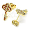 Oro Laminado Stud Earring, Gold Filled Style key Design, with Garnet Micro Pave, Polished, Golden Finish, 02.344.0062.1