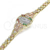 Oro Laminado Fancy Bracelet, Gold Filled Style Guadalupe and Butterfly Design, with Multicolor Micro Pave, Polished, Tricolor, 03.380.0008.07