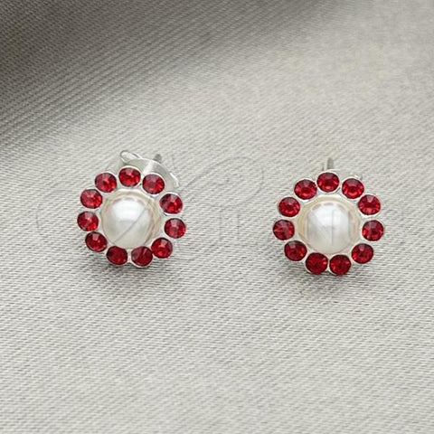 Sterling Silver Stud Earring, Flower Design, with Garnet Crystal, Polished, Silver Finish, 02.406.0018.02