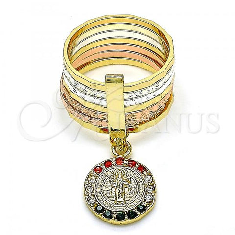 Oro Laminado Multi Stone Ring, Gold Filled Style Semanario and San Benito Design, with Multicolor Crystal, Diamond Cutting Finish, Tricolor, 01.253.0036.07 (Size 7)