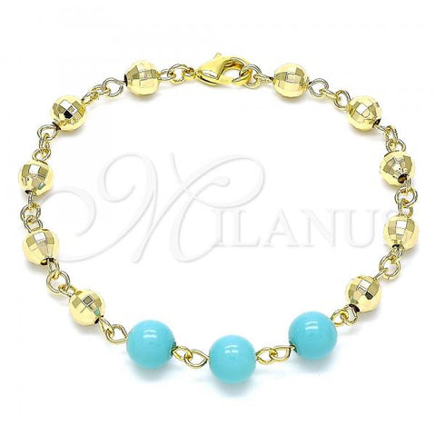 Oro Laminado Fancy Bracelet, Gold Filled Style Ball Design, with Turquoise Pearl, Diamond Cutting Finish, Golden Finish, 03.63.2224.1.08