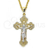 Oro Laminado Religious Pendant, Gold Filled Style Crucifix Design, Polished, Tricolor, 05.351.0023