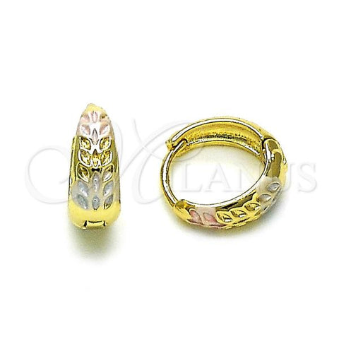 Oro Laminado Huggie Hoop, Gold Filled Style Leaf Design, Polished, Tricolor, 02.213.0612.14