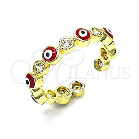 Oro Laminado Multi Stone Ring, Gold Filled Style Evil Eye Design, with White Cubic Zirconia, Red Enamel Finish, Golden Finish, 01.253.0041.1