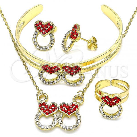 Oro Laminado Necklace, Bracelet, Earring and Ring, Gold Filled Style Heart Design, with Garnet and White Crystal, Polished, Golden Finish, 06.361.0023.1