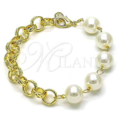 Oro Laminado Fancy Bracelet, Gold Filled Style Chunky and Ball Design, with Ivory Pearl, Diamond Cutting Finish, Golden Finish, 03.331.0274.08