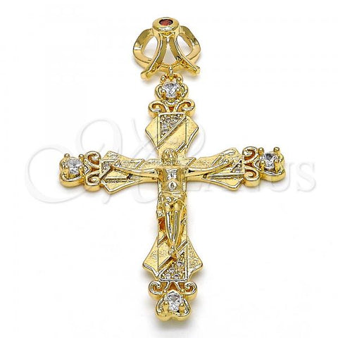 Oro Laminado Religious Pendant, Gold Filled Style Crucifix Design, with Garnet and White Cubic Zirconia, Polished, Golden Finish, 05.253.0048