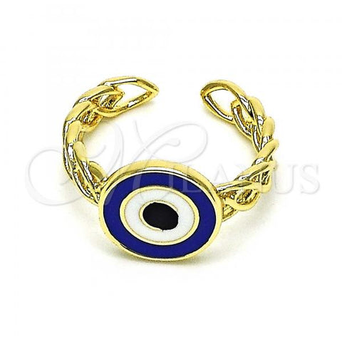 Oro Laminado Elegant Ring, Gold Filled Style Evil Eye Design, Blue Enamel Finish, Golden Finish, 01.213.0019