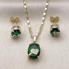 Oro Laminado Earring and Pendant Adult Set, Gold Filled Style Heart Design, with Green and White Cubic Zirconia, Polished, Golden Finish, 10.196.0168