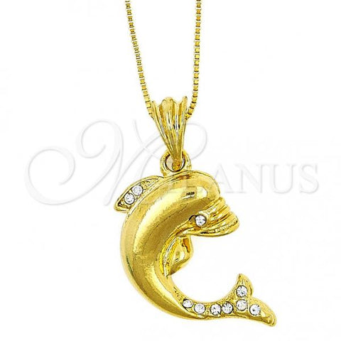 Oro Laminado Pendant Necklace, Gold Filled Style Dolphin Design, with White Crystal, Polished, Golden Finish, 04.118.0083.18