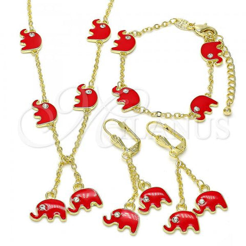 Oro Laminado Earring and Pendant Children Set, Gold Filled Style Elephant Design, with White Crystal, Red Enamel Finish, Golden Finish, 06.60.0006.3