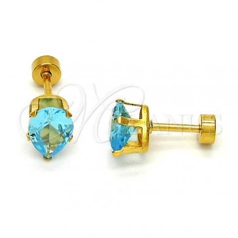 Stainless Steel Stud Earring, Teardrop Design, with Aqua Blue Cubic Zirconia, Polished, Golden Finish, 02.271.0023.1