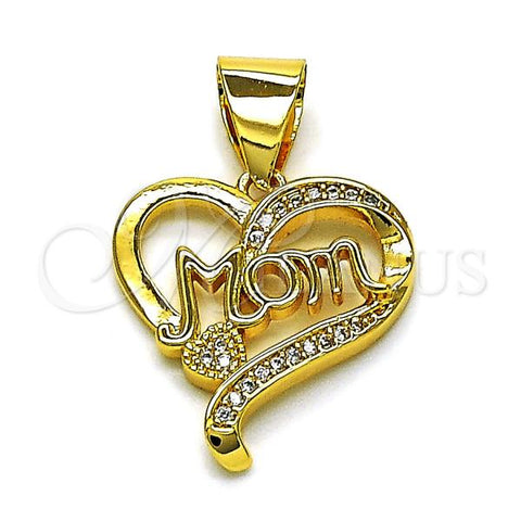 Oro Laminado Fancy Pendant, Gold Filled Style Heart and Mom Design, with White Micro Pave, Polished, Golden Finish, 05.342.0199