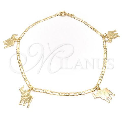 Oro Laminado Charm Anklet , Gold Filled Style Elephant and Concave Cuban Design, Polished, Golden Finish, 03.58.0001.10