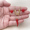 Oro Laminado Necklace and Earring, Gold Filled Style Chili and Box Design, Red Enamel Finish, Golden Finish, 06.417.0023
