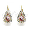 Oro Laminado Leverback Earring, Gold Filled Style Teardrop Design, with Rose and White Crystal, Polished, Golden Finish, 5.125.012.5