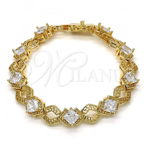 Oro Laminado Tennis Bracelet, Gold Filled Style Greek Key Design, with White Cubic Zirconia, Polished, Golden Finish, 03.210.0073.08