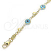 Oro Laminado Fancy Bracelet, Gold Filled Style Evil Eye and Heart Design, Turquoise Resin Finish, Golden Finish, 03.326.0008.3.08