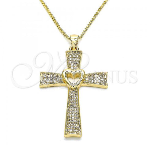 Oro Laminado Pendant Necklace, Gold Filled Style Cross and Heart Design, with White Micro Pave, Polished, Golden Finish, 04.156.0225.18