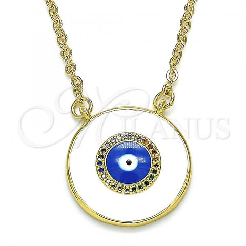 Oro Laminado Pendant Necklace, Gold Filled Style Evil Eye Design, with Multicolor Micro Pave, White Enamel Finish, Golden Finish, 04.313.0027.18
