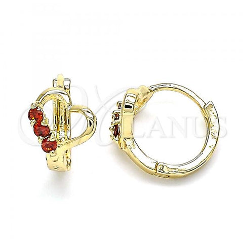 Oro Laminado Huggie Hoop, Gold Filled Style Heart Design, with Garnet Cubic Zirconia, Polished, Golden Finish, 02.210.0618.12