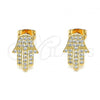 Oro Laminado Stud Earring, Gold Filled Style Hand of God Design, with White Micro Pave, Polished, Golden Finish, 02.213.0302
