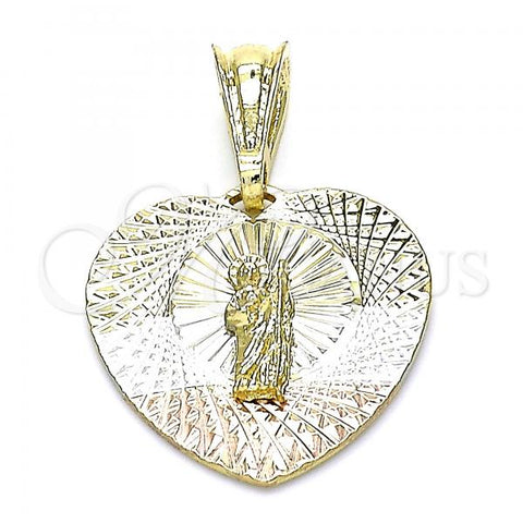Oro Laminado Religious Pendant, Gold Filled Style San Judas and Heart Design, Diamond Cutting Finish, Tricolor, 05.351.0193