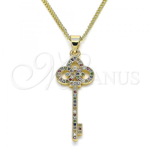 Oro Laminado Pendant Necklace, Gold Filled Style key Design, with Multicolor Micro Pave, Polished, Golden Finish, 04.344.0008.2.20