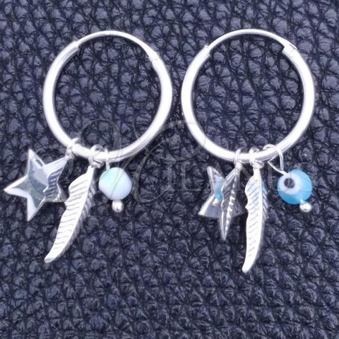 Sterling Silver Small Hoop, Evil Eye and Star Design, with Aqua Blue Crystal, Polished, Silver Finish, 02.402.0008.15