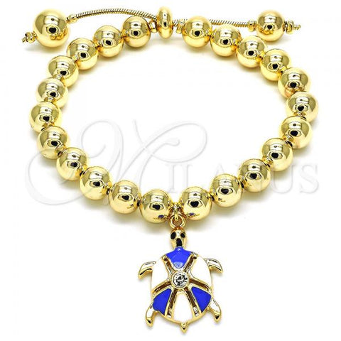 Oro Laminado Adjustable Bolo Bracelet, Gold Filled Style Turtle and Ball Design, with White Crystal, Blue Enamel Finish, Golden Finish, 03.63.2034.1.08