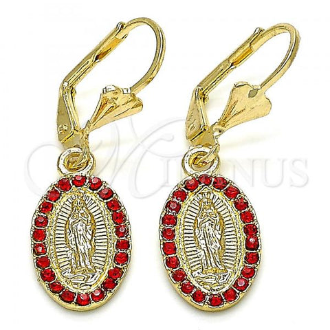 Oro Laminado Dangle Earring, Gold Filled Style Guadalupe Design, with Garnet Crystal, Polished, Golden Finish, 02.351.0013.2