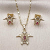Oro Laminado Earring and Pendant Adult Set, Gold Filled Style Turtle Design, with Ruby and White Cubic Zirconia, Polished, Golden Finish, 10.196.0174