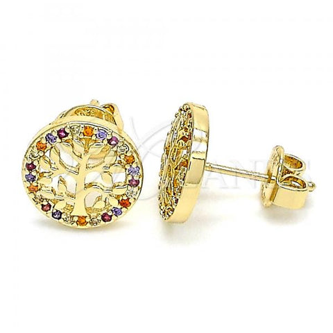 Oro Laminado Stud Earring, Gold Filled Style Tree Design, with Multicolor Micro Pave, Polished, Golden Finish, 02.156.0448.1