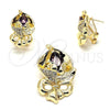 Oro Laminado Earring and Pendant Adult Set, Gold Filled Style Flower Design, with Amethyst and White Crystal, Polished, Golden Finish, 10.59.0193.3