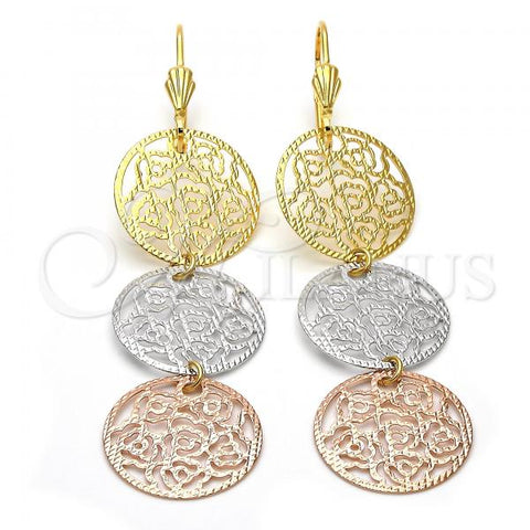Oro Laminado Long Earring, Gold Filled Style Flower Design, Diamond Cutting Finish, Tricolor, 5.063.010