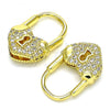 Oro Laminado Small Hoop, Gold Filled Style Lock and Heart Design, with White Micro Pave, Polished, Golden Finish, 02.341.0056.12