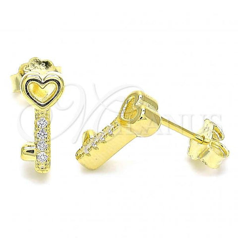 Sterling Silver Stud Earring, key Design, with White Cubic Zirconia, Polished, Golden Finish, 02.336.0145.2