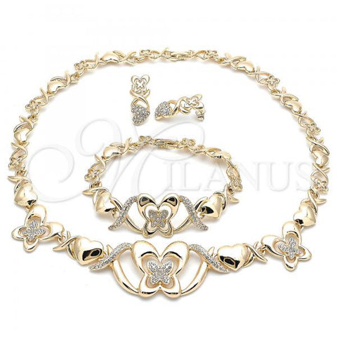 Oro Laminado Necklace, Bracelet and Earring, Gold Filled Style Hugs and Kisses and Butterfly Design, with White Crystal, Polished, Golden Finish, 06.372.0020