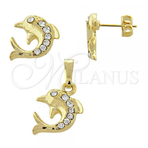 Oro Laminado Earring and Pendant Adult Set, Gold Filled Style Dolphin Design, with White Crystal, Polished, Golden Finish, 10.164.0010