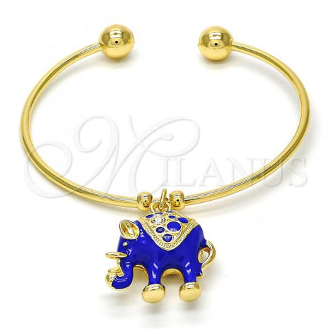 Oro Laminado Individual Bangle, Gold Filled Style Elephant Design, with White Crystal, Blue Enamel Finish, Golden Finish, 07.179.0002.3 (02 MM Thickness, One size fits all)