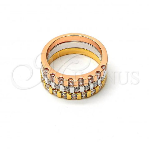 Oro Laminado Multi Stone Ring, Gold Filled Style Triple Design, with White Cubic Zirconia, Polished, Tricolor, 01.99.0004.09 (Size 9)