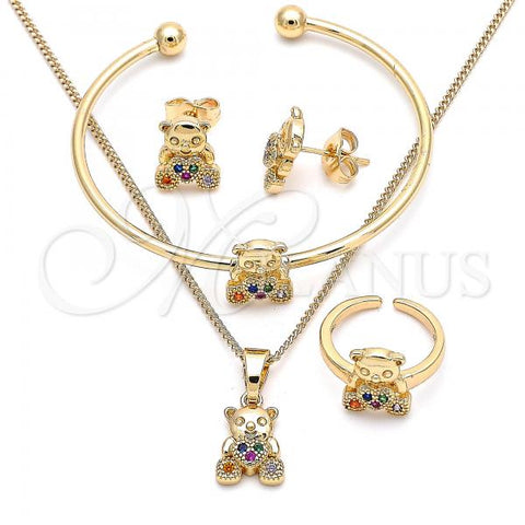 Oro Laminado Earring and Pendant Children Set, Gold Filled Style Teddy Bear and Heart Design, with Multicolor Micro Pave, Polished, Golden Finish, 06.210.0021.1