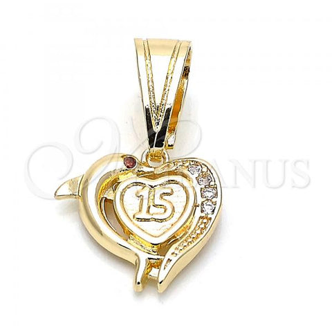 Oro Laminado Fancy Pendant, Gold Filled Style Heart and Dolphin Design, with Garnet and White Cubic Zirconia, Polished, Golden Finish, 05.120.0087