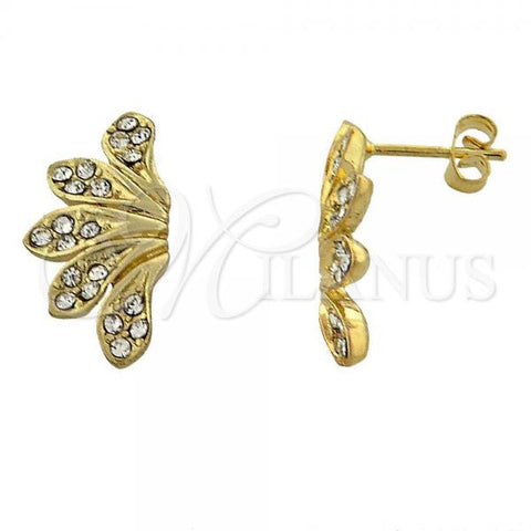 Oro Laminado Stud Earring, Gold Filled Style Flower Design, with White Cubic Zirconia, Polished, Golden Finish, 02.59.0062